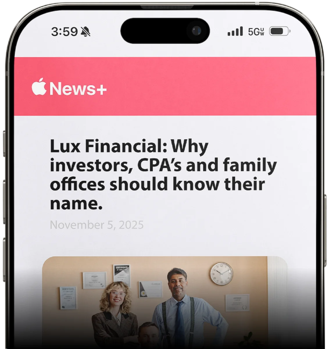 Apple News article on an iPhone: Lux Financial — why investors, CPAs, and family offices should know their name